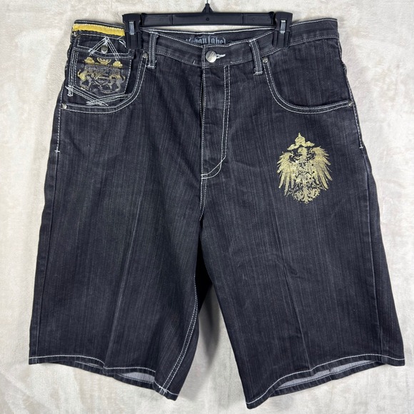 Y2K Urban Label Mens Black Denim Jean Shorts Baggy Embellished Size 38 - Picture 2 of 8